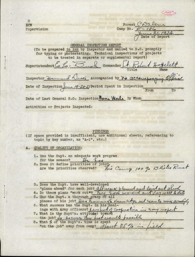 A variety of inspection reports from 1934-1935 for Grizzly CCC Camp, F-136.