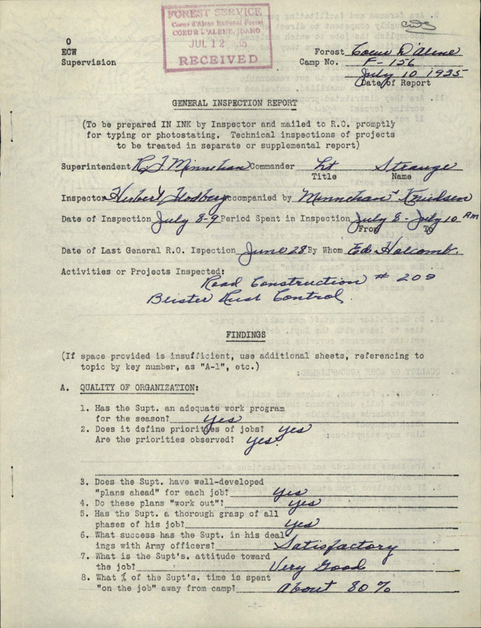 An inspection report from 1935 for Horse Heaven CCC Camp, F-156.