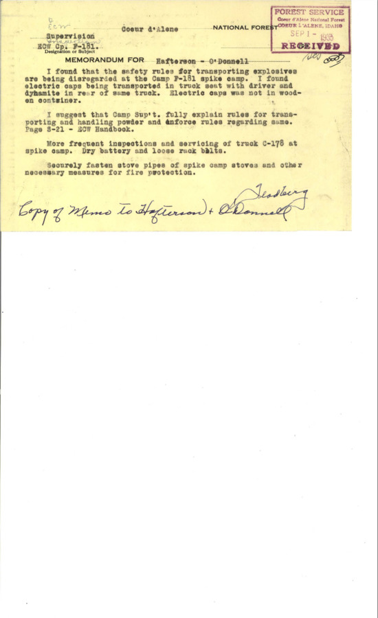 An inspection report and three memos from 1935 for Jordan Creek CCC Camp, F-181.