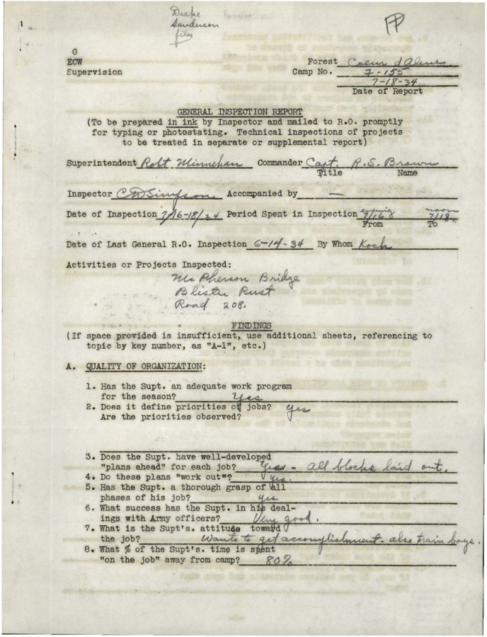 A variety of inspection reports from 1934-1935 for Nowhere CCC Camp, F-155.