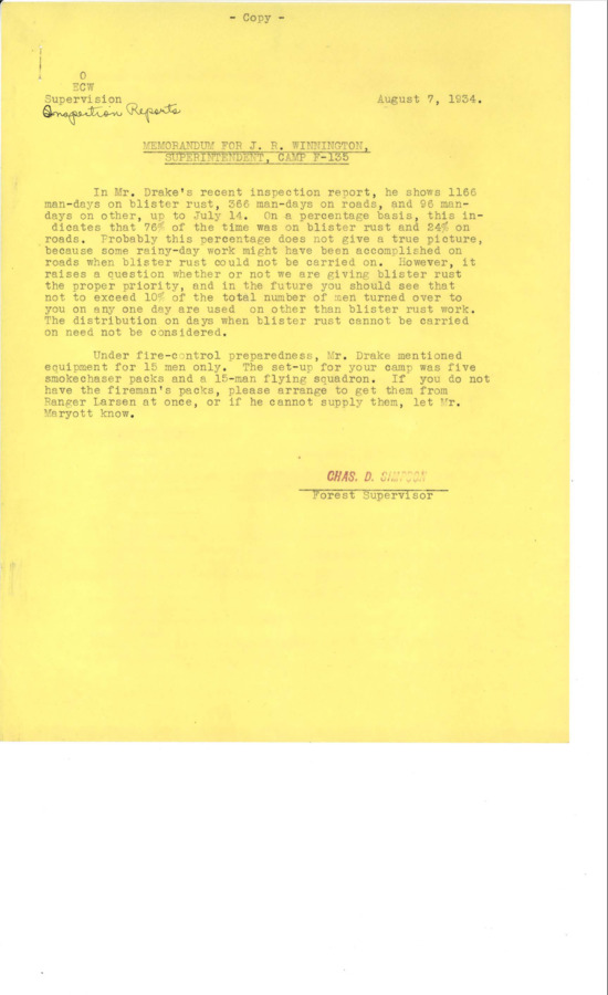 An inspection report and memo from 1934 for Riley Creek CCC Camp, F-135.