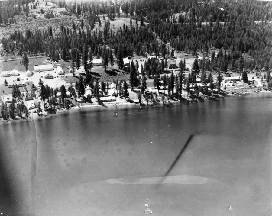 An aerial view of Camp McCall on Payette Lake.