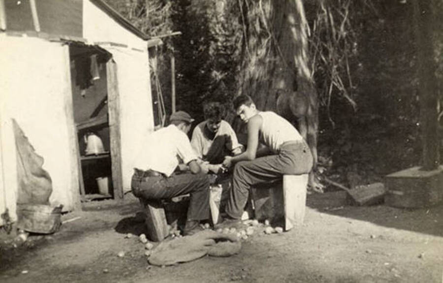 Three CCC men sit outside a tent on logs. Maybe they are peeling potatoes?