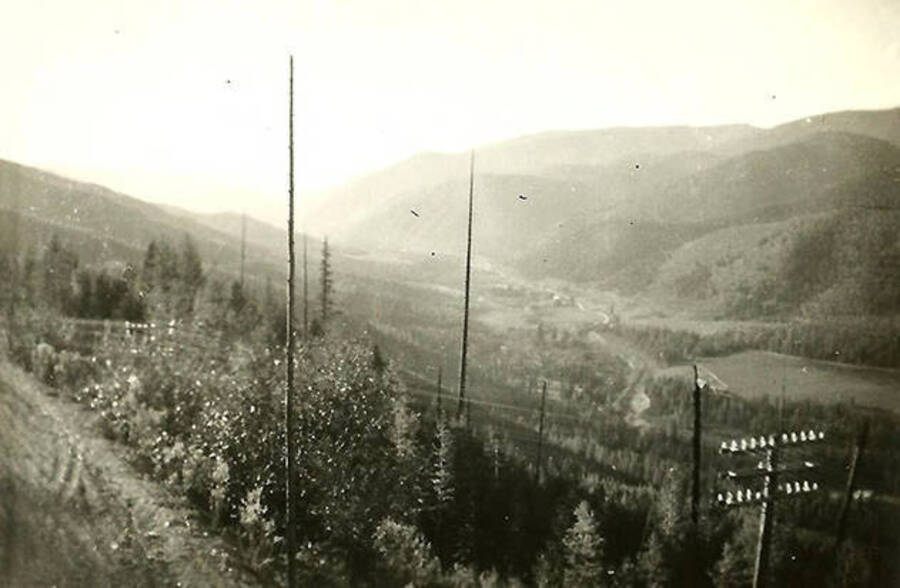 An overview of CCC Camp Big Creek #2, F-132, and the valley surrounding it. Power poles and snags can be seen in the foreground while the camp and river lay in the valley below.