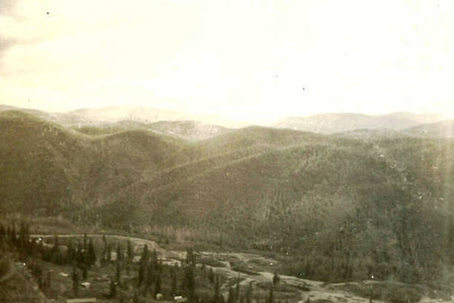 An overview of CCC Camp Big Creek #2, F-132, and the hills surrounding it. The camp and river lay in the valley below.