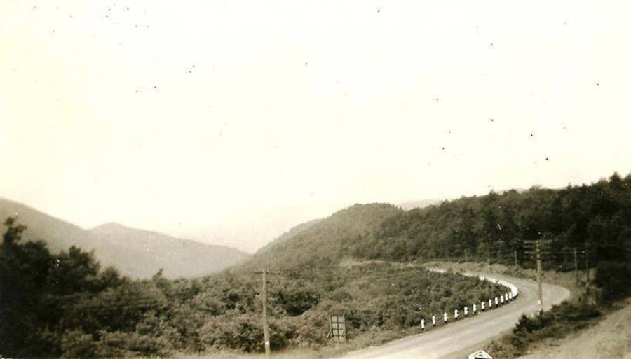 A view of Highway 10 and its surroundings. Back of photo reads: 'U.S. Highway 10 going down from Mullan Pass toward Mullan, Idaho. (1939)'