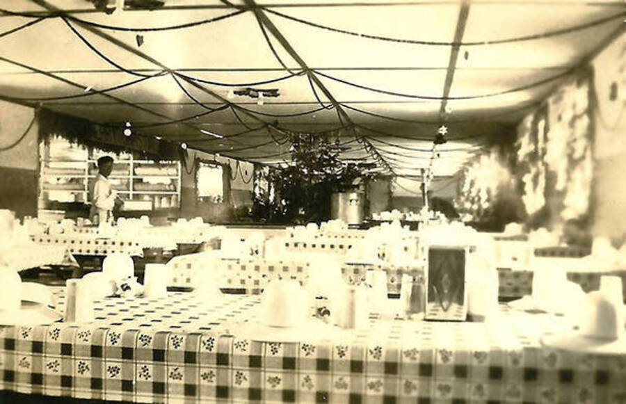 A photo of the mess hall at CCC Camp Big Creek #2, F-132, decorated for Christmas. A cook looks over his shoulder at the camera. Back of the photo reads: 'Christmas in the mess hall'.