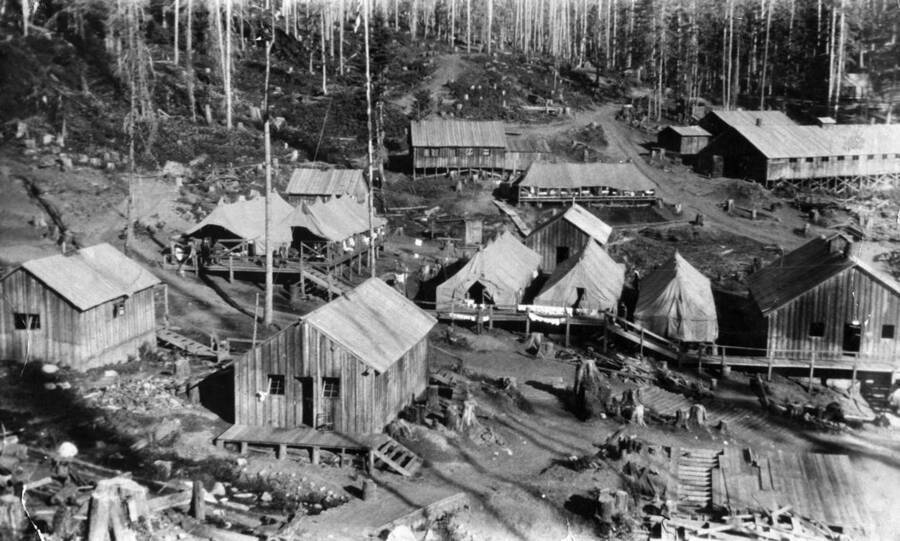 A view of tents and buildings at Camp Warm Lake. Note building under construction in the bottom right corner.