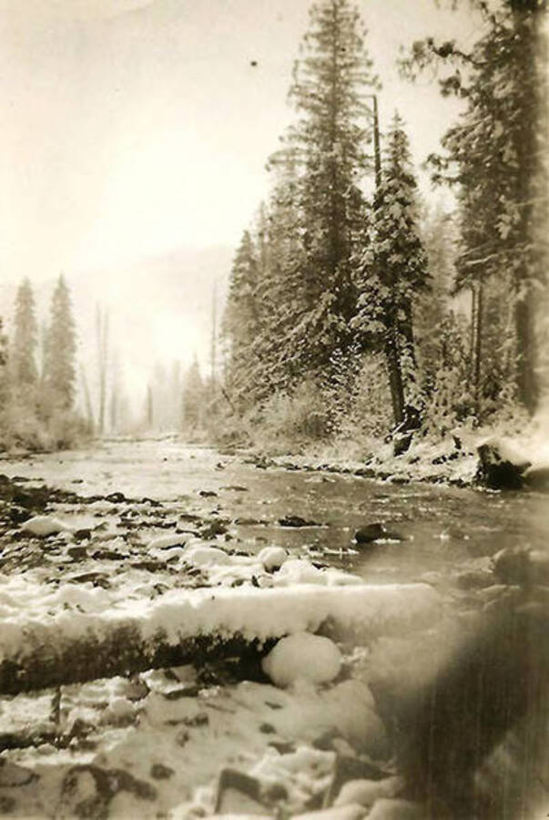 A photo of a snow-covered creek near CCC Camp Big Creek #2, F-132. Back of the photo reads: 'Uranus Creek'.
