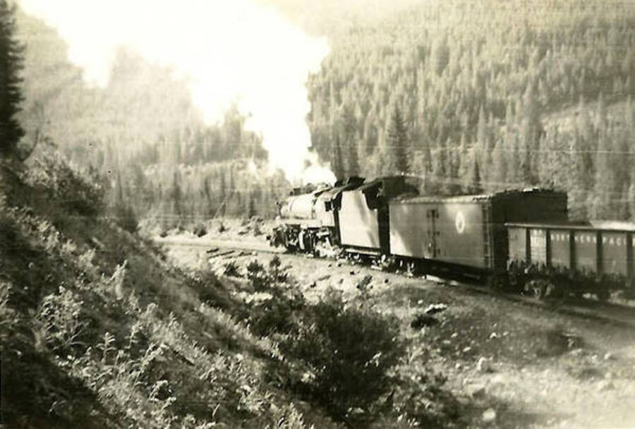 A photo of a train passing through a wooded valley near Spike Camp Mullan, ID. Back of the photo reads: 'Northern Pacific R.R. making its way over Mullan Pass loop.