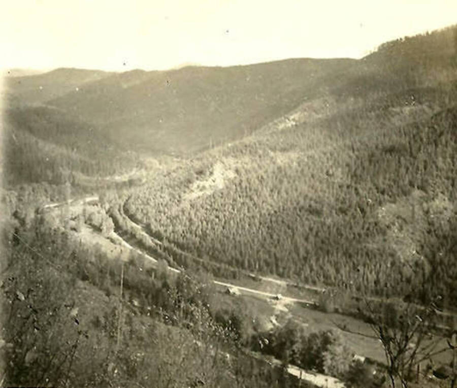 An overview of the valley that holds CCC Camp Big Creek #2 and the North Fork of the Coeur d'Alene River.
