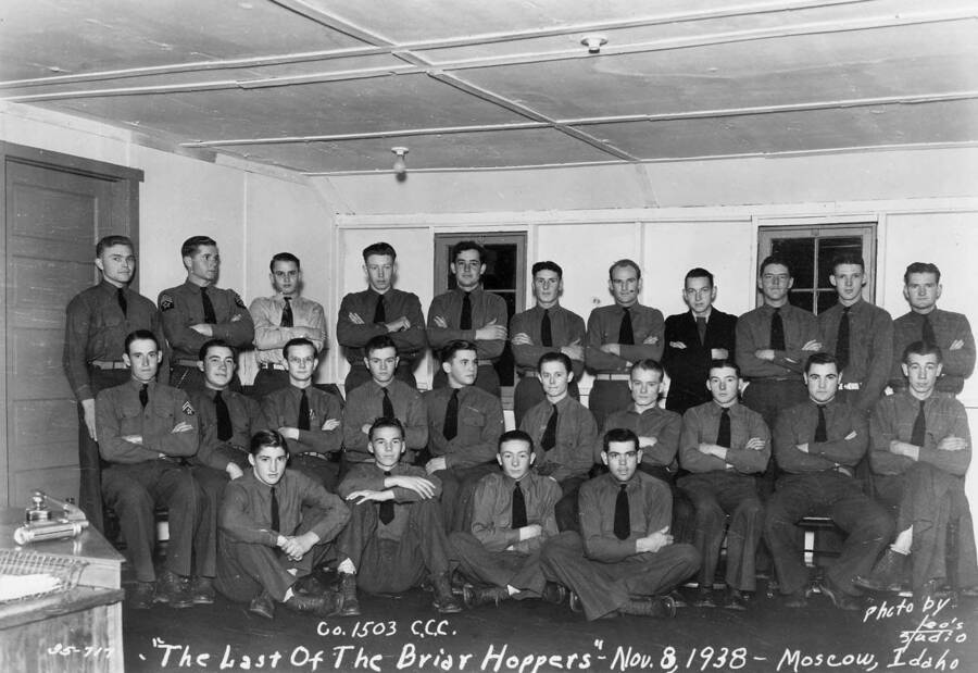 The Last of the Briar Hoppers,' pose for a group portrait. CCC company C-1503 near Moscow, Idaho, November 8, 1938.