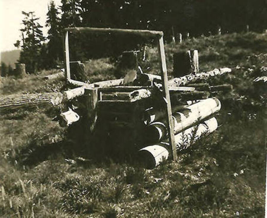 A pile of logs set up in a semi-orderly fashion in a field full of stumps, a forest lines the field in the background. Back of the photo reads: 'Bottom picture shows a 'bear trap'. We took them a long way off and released them hoping they would leave our 'garbage dump' alone.'