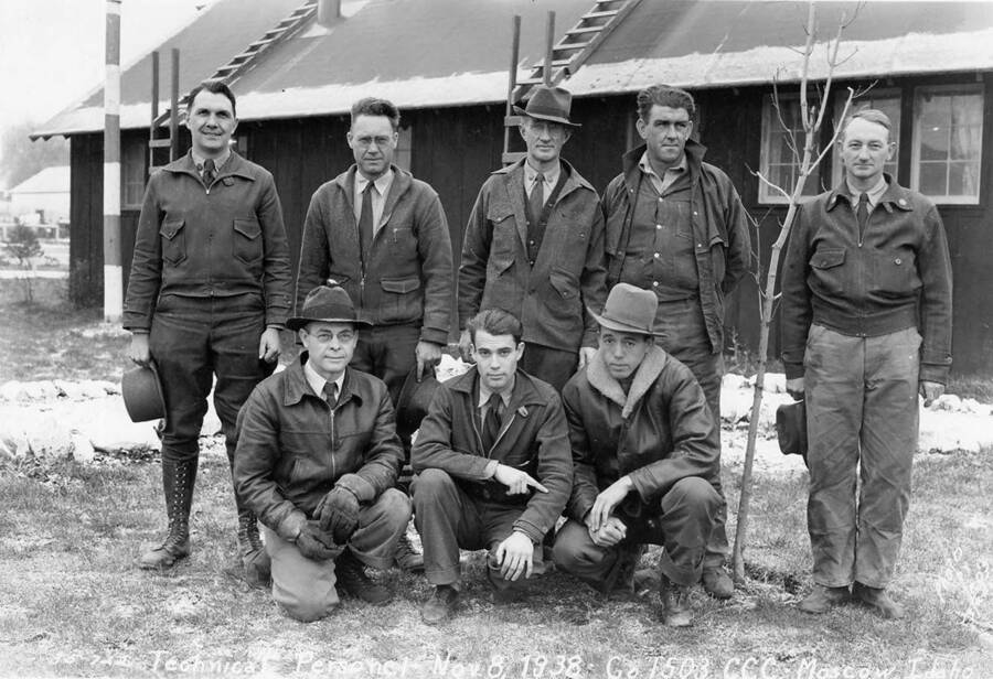 Group of technical personnel at the CCC Camp SCS-1 near Moscow, Idaho. Writing on the photo reads: 'Technical Personnel Nov 8, 1938 Company 1503 CCC Moscow, Idaho'.