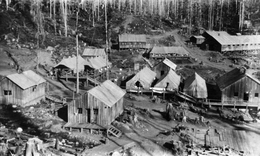 A CCC camp under construction. Both tents and wooden buildings occupy the camp, which is scattered with tree stumps.