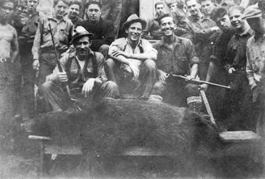 A group of CCC men huddle around a dead bear. Three men sit directly behind the bear, the two on the each end holding a shotgun. Writing to the side of the photo reads: 'Bear shot in camp. Tracy, Doc, Ranger'
