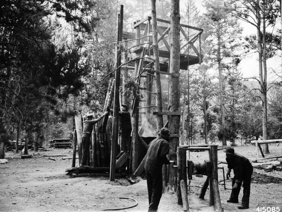 Four CCC men working with a tall construction (presumably a creosoting plant), to make fence posts and telephone poles.