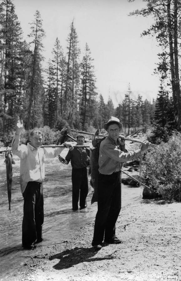 Three CCC men standing on the bank of a creek. Each man is holding a thick stick over his shoulder with a large fish on the end. Description reads: 'Salmon fishers on Marsh Creek near Lolo Creek camp. Forest: Challis State: Idaho Date: July 1989 Author: Paul S. Bieler'.