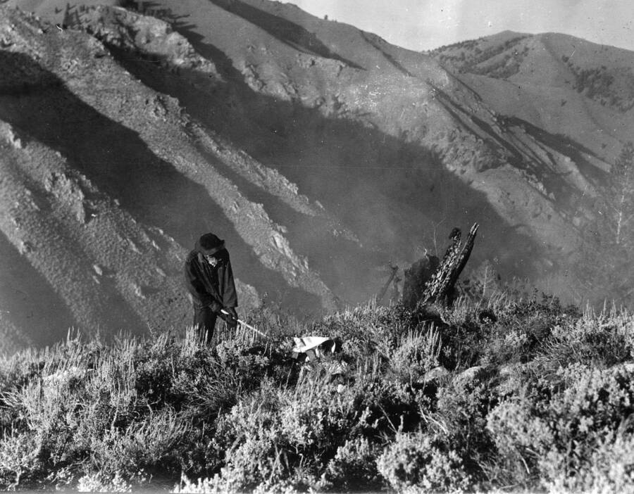 A CCC Man at work on the side of a steep hill. The slope falls away behind him and more mountains rise as the backdrop.