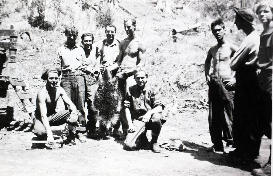 Several CCC enrollees pose for a photo with a dead porcupine. The man holding the dead animal is wearing gloves.