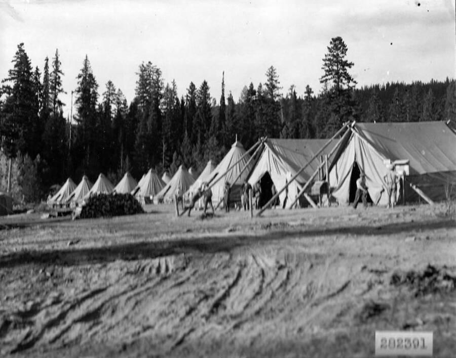 View of a temporary CCC camp at Remount Depot in the Lolo National Forest, Montana.