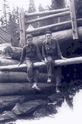 Glover Creek Camp CCC boys posing for a photo, Selway River, 1935.