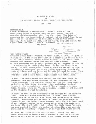 A report on the history of the Southern Idaho Timber Protective Association (SITPA) and the work they did from 1904-1994. SITPA's main goal was fire prevention and was a cooperative group of Lumber Companies, National Forests, and the State Government. Together these groups built Fir Lookouts and fought fires.