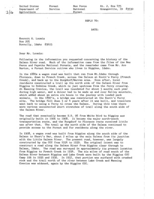 A letter from Tom Kovalicky to Everret Loomis relaying the history of the Salmon River Road.