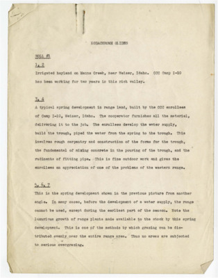 A description page of Kodachrome slides that shows workers building spring development in irrigated hayland on Manns Creek