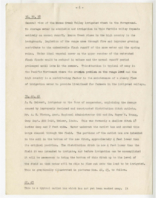 A description page of Kodachrome slides that shows J.H. Calvert, irrigator on the farm of cooperator, explaining dangers of improperly designed distribution ditches to assistants A.E. Victor and Roger N. Young. This does not include the slide image itself.