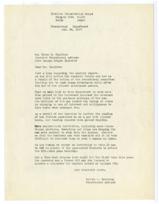 Letter from George Spinning about education at F-188, Camp Willow Creek