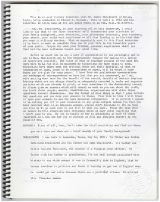 Part one of Harry Shellworth's interview with Elwood Maunder. Shellworth discusses his early family background and the events leading up to his move to Idaho and joining of the military.