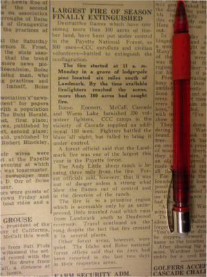 Story about a hundred-acre blaze in the Payette National Forest. About 500 men, CCC enrollees and volunteers, were needed to extinguish it.