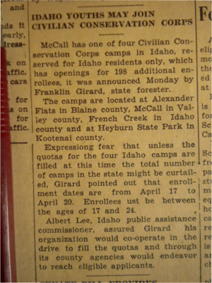 Piece announcing that Idaho CCC camps may now be joined by Idaho youth, age 17-24 because of the falling number of enrollees.