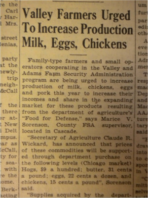 Article about the Farm Security Administration urging farmers to increase production of milk, chickens, eggs and pork so they may to share in the profits from the expanding market of these products.