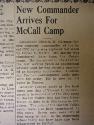 Story about the replacement of Lt. Charles M. Carman with the former educational advisor of the Ontario camp, Porter L. Martin.