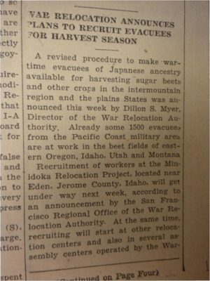 Story about the War Relocation Authority's plan to use American Japanese evacuees for farming labor in Idaho, Montana, Utah and eastern Oregon.