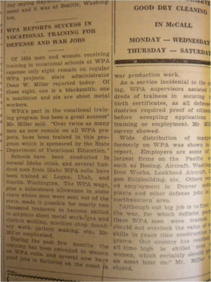 Article about the WPA's vocational training programs held in Seattle and Logan, and how these programs have led to success down the line for workers.