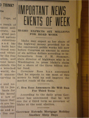 Two news clippings, the first about the expectation for the state of Idaho to receive six million dollars for road construction, the second about Governor C. Ben Ross' decision to run for a third term.