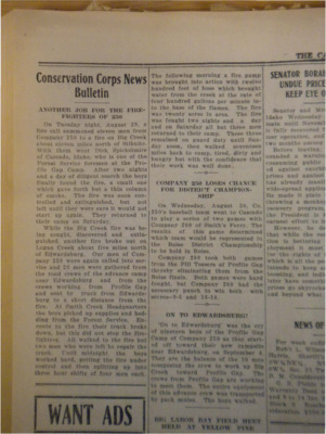 Collection of CCC news, including the firefighting of Co. 250, more baseball news and the transition of Co. 250 to a new campsite near Edwardsburg.