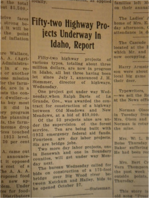 Article about highway projects in Idaho that were just getting underway.