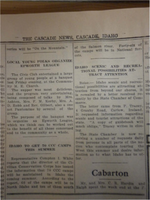 Short news clipping about Rep. Compton I. White's announcement that 70 Idaho CCC camps will be maintained over the summer.