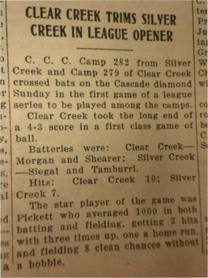 Recap of the baseball game between CCC camps 282 and 279, in which Clear Creek 279 won 4-3.