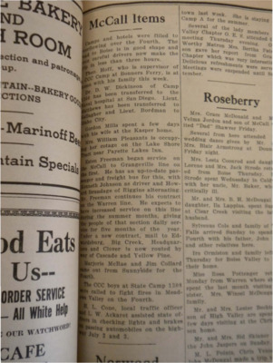 Collection of news items from McCall, including vacations, CCC firefighting and traffic police schedules.