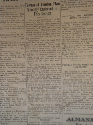 Article about the Townsend Pension Plan, a plan to tax retail sales, and the opposition of it by many people.
