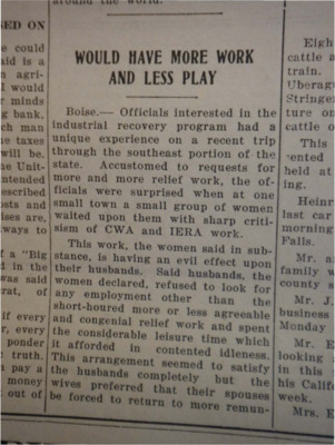 Column about CWA and IERA workers wives saying that the work had a bad effect on their husbands, as they would work less hours.