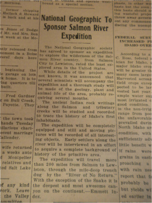 Article about National Geographic's agreement to sponsor an expedition into the wilderness of the Salmon River country, the least explored area in the United States.