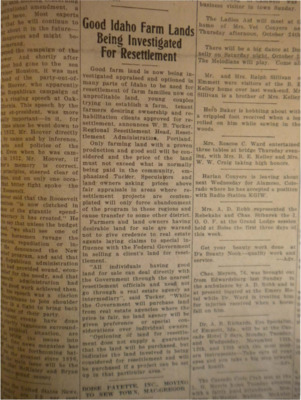 Announcement that good farm lands are being investigated for the possibility of poor or unfortunate farm families to resettle.