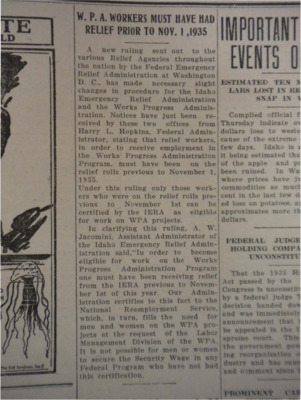 Column about the changes in procedure for IERA and the WPA, stating that workers must have been on relief prior to Nov. 1, 1935.