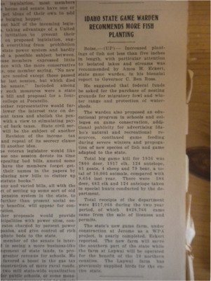 Column about Idaho state game warden, Amos Eckert's appeal to Governor Ross for funding for nesting grounds of migratory fowl as well as an educational program on natural conservation.